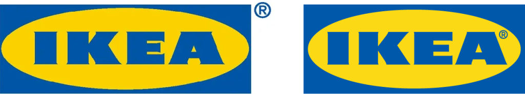 Het blauw-gele IKEA-logo uit 1982 en de subtiel aangepaste versie van 2019